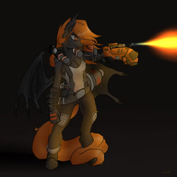 Size: 894x894 | Tagged: safe, artist:slouping, oc, oc only, oc:backburner, oc:frostfire, anthro, bat pony, anthro oc, evolve, female, fire, flamethrower, fuel tank, happy burny time, solo, weapon