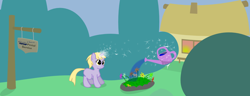 Size: 1122x432 | Tagged: safe, artist:grayma1k, derpibooru import, dinky hooves, pony, unicorn, female, filly, flower, garden, magic, mare, solo, watering can