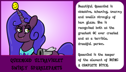 Size: 700x400 | Tagged: safe, artist:catfood-mcfly, derpibooru import, oc, oc only, bio, my little pony mark ii, queengod ultraviolet swirly sparklepants, solo, vulgar