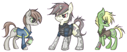 Size: 861x355 | Tagged: safe, artist:whispir, derpibooru import, oc, oc only, oc:blackjack, oc:littlepip, oc:murky, cyborg, pony, unicorn, fallout equestria, fallout equestria: murky number seven, fallout equestria: project horizons, clothes, fanfic, fanfic art, female, horn, male, mare, pipbuck, simple background, stallion, transparent background, vault suit