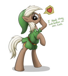 Size: 1390x1560 | Tagged: safe, artist:anearbyanimal, earth pony, pony, bipedal, clothes, crossover, cute, dialogue, dress, epona, eponadorable, female, hat, heart, mare, ponified, simple background, skirt, the legend of zelda, transparent background, triforce, tunic