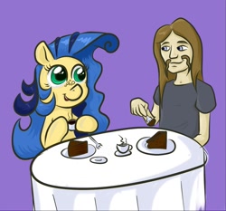 Size: 1305x1217 | Tagged: safe, artist:wizardski, derpibooru import, oc, oc:milky way, human, pony, cake, crossover, female, mare, metalocalypse, toki wartooth