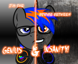 Size: 1250x1040 | Tagged: safe, artist:ty trance, derpibooru import, oc, oc only, pony, unicorn, duality, headphones, no you aren't, solo, two sided posters