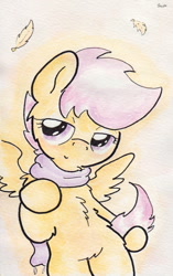 Size: 720x1146 | Tagged: safe, artist:slightlyshade, derpibooru import, scootaloo, clothes, scarf, solo, traditional art