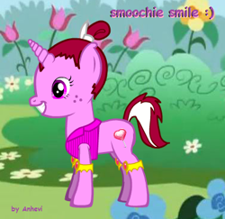 Size: 377x367 | Tagged: safe, derpibooru import, oc, oc only, oc:smoochie smile, pony, unicorn, pony creator, comic sans, small eyes