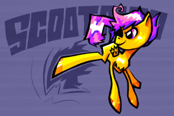 Size: 1200x800 | Tagged: safe, artist:kidcoelecanth, derpibooru import, scootaloo, pegasus, female, filly, orange coat, purple mane, solo