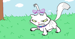 Size: 1144x606 | Tagged: safe, artist:the-moonman-of-1997, derpibooru import, opalescence, cat, female, hair bow, solo