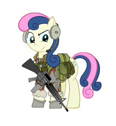 Size: 6000x6527 | Tagged: dead source, safe, artist:buckweiser, artist:thatsgrotesque, derpibooru import, bon bon, sweetie drops, earth pony, pony, absurd resolution, assault rifle, clothes, cutie mark, female, gun, headphones, hooves, m16, m16a2, mare, military, rifle, simple background, solo, transparent background, uniform, weapon