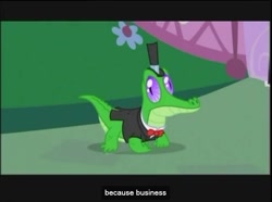 Size: 636x473 | Tagged: safe, derpibooru import, screencap, gummy, party of one, bowtie, clothes, hat, suit, youtube caption