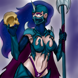 Size: 1000x1000 | Tagged: safe, artist:bloodkiaser923, derpibooru import, nightmare moon, chainmail bikini, humanized, skull, solo