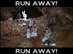 Size: 640x478 | Tagged: safe, derpibooru import, angel bunny, rabbit, image macro, killer rabbit, king arthur, monty python, monty python and the holy grail, photo, rabbit of caerbannog, sir bedevere, sir galahad, sir lancelot, sir robin