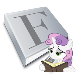 Size: 512x512 | Tagged: safe, derpibooru import, sweetie belle, apple, book, font, macintosh