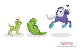 Size: 3700x2388 | Tagged: safe, artist:almairis, derpibooru import, butterfly pony, butterfly wings, butterfree, caterpie, colt, curled up, evolution chart, family, female, foal, male, mare, metapod, mother and child, mother and son, parent and child, pokémon, ponified, ponymon, simple background, socks (coat marking), stallion, transparent background, trio