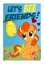 Size: 672x958 | Tagged: safe, artist:pixelkitties, derpibooru import, bumblesweet, bee, beehive, honeybuzz, pun, smiling, valentine