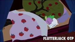 Size: 720x406 | Tagged: safe, derpibooru import, spike, dragon, apple tree, bed, blanket, exploitable meme, eyes closed, fluttertree, implied applejack, implied appleshy, implied fluttershy, implied lesbian, implied shipping, open mouth, otp, pillow, shipping, sleeping, smiling, tree