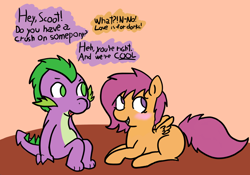 Size: 808x565 | Tagged: safe, artist:raincupcake, derpibooru import, scootaloo, spike, dragon, female, male, scootaspike, shipping, straight