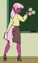 Size: 644x1081 | Tagged: safe, artist:amiwakawaiidesu, derpibooru import, cheerilee, anthro, chalk, chalkboard, classroom, clothes, cutie mark, high heels, human facial structure, skirt