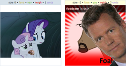 Size: 519x272 | Tagged: safe, derpibooru import, edit, rarity, sweetie belle, pony, unicorn, burger, chris hansen, derpibooru, exploitable meme, food, hamburger, juxtaposition, juxtaposition win