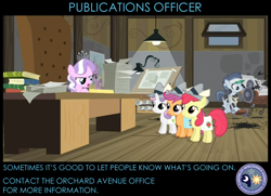 Size: 872x630 | Tagged: safe, derpibooru import, edit, edited screencap, screencap, apple bloom, diamond tiara, scootaloo, shady daze, sweetie belle, ponyville confidential, canterlot intelligence agency, cia, cutie mark crusaders, desk, poster