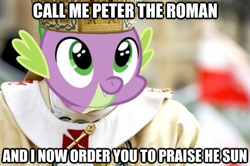 Size: 625x414 | Tagged: safe, derpibooru import, spike, dragon, image macro, pope, praise the sun, the spike pope