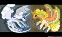 Size: 900x542 | Tagged: safe, artist:renepolumorfous, derpibooru import, alicorn, duo, ho-oh, legendary pokémon, lugia, pokémon, pokémon heart gold and soul silver, ponified