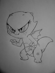 Size: 400x533 | Tagged: safe, artist:queencold, derpibooru import, oc, oc only, oc:jade, dragon, baby dragon, black and white, dragoness, grayscale, monochrome, sketch