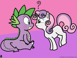 Size: 1024x768 | Tagged: safe, artist:pendulum-moon, derpibooru import, spike, sweetie belle, dragon, female, interspecies, male, shipping, spikebelle, straight