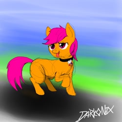 Size: 1080x1080 | Tagged: safe, artist:darkonix, derpibooru import, scootaloo, 30 minute art challenge, collar, pet, pet play, scootapet