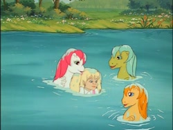 Size: 640x480 | Tagged: safe, derpibooru import, molly williams, ripple (g1), sea shimmer, sun shower, sea pony, g1, my little pony 'n friends, baby sea ponies, hug, wet, wet hair, wet mane