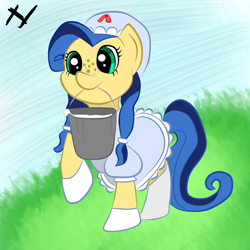 Size: 900x900 | Tagged: safe, derpibooru import, oc, oc only, oc:milky way, pony, alternate hairstyle, bucket, clothes, cute, dress, female, hat, mare, milk, mouth hold, solo