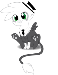 Size: 628x819 | Tagged: safe, artist:tallyburd, derpibooru import, oc, oc only, oc:jackleapp, griffon, cute, griffin village, griffonsona, hat, musician, necktie, paws, sitting, smiling, solo