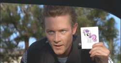 Size: 599x313 | Tagged: safe, derpibooru import, sweetie belle, polaroid, robert patrick, t-1000, terminator, wayne's world