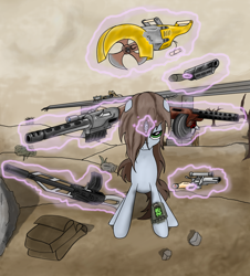 Size: 1200x1328 | Tagged: safe, artist:burnout, derpibooru import, oc, oc only, oc:littlepip, pony, unicorn, fallout equestria, auto axe, badass, fanfic, fanfic art, female, glowing horn, gun, hair over one eye, handgun, hooves, horn, levitation, little macintosh, looking at you, magic, mare, optical sight, pipbuck, pipleg, revolver, saddle bag, solo, telekinesis, wasteland, weapon