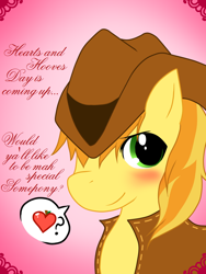 Size: 768x1024 | Tagged: safe, artist:kiraririnkan, derpibooru import, braeburn, apple, blushing, hat, heart, hearts and hooves day