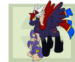 Size: 1200x1000 | Tagged: safe, artist:savannaeve, derpibooru import, braviary, pokémon, ponified, rufflet