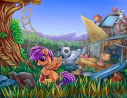 Size: 1600x1236 | Tagged: safe, artist:viwrastupr, angel bunny, scootaloo, ? block, abacus, apple, book, football, money, solo, super mario bros.