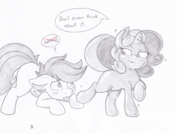 Size: 1064x807 | Tagged: safe, artist:joey darkmeat, derpibooru import, scootaloo, sweetie belle, blushing, female, lesbian, licking, luster dust, monochrome, nom denied, scootabelle, shipping, sketch, sweetie gold, traditional art