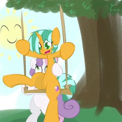 Size: 1000x1000 | Tagged: dead source, safe, artist:kryptchild, derpibooru import, snails, sweetie belle, ask glitter shell, glitter shell, male, sun, swing, trap, tree