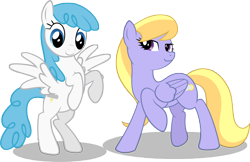 Size: 9001x5847 | Tagged: safe, artist:m99moron, derpibooru import, cloud kicker, lightning bolt, white lightning, pegasus, pony, absurd resolution, background pony, duo, female, mare, raised hoof, rearing, simple background, spread wings, transparent background, vector, wings