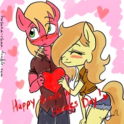 Size: 1200x1200 | Tagged: safe, artist:hasana-chan, derpibooru import, big macintosh, braeburn, anthro, 30 minute art challenge, blushing, braemac, female, heart, hearts and hooves day, incest, male, shipping, straight, transgender, valentine