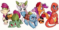 Size: 3536x1791 | Tagged: safe, artist:thesolitarysandpiper, derpibooru import, apple bloom, scootaloo, sweetie belle, bulbasaur, charmander, crossover, cutie mark crusaders, pokémon, traditional art