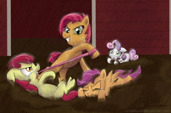 Size: 1600x1059 | Tagged: safe, artist:naterrang, derpibooru import, apple bloom, babs seed, scootaloo, sweetie belle, bullying, cutie mark crusaders, misleading thumbnail, mud, rain