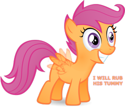 Size: 815x700 | Tagged: safe, artist:stinkehund, derpibooru import, scootaloo, bellyrubs, excited, image macro, orange text