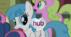 Size: 500x263 | Tagged: safe, derpibooru import, screencap, bon bon, daisy, lightning bolt, sweetie drops, white lightning, pegasus, pony, female, hub logo, hubble, mare, plot