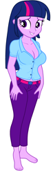 Size: 1400x4400 | Tagged: safe, edit, editor:ah96, twilight sparkle, equestria girls, barefoot, big breasts, breast edit, breasts, cleavage, feet, female, headlight sparkle, looking at you, ms paint, simple background, smiling, solo, white background