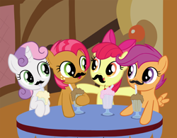 Size: 1100x856 | Tagged: safe, artist:barbeque, artist:empty-10, derpibooru import, edit, apple bloom, babs seed, scootaloo, sweetie belle, cutie mark crusaders, milkshake, moustache