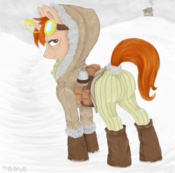 Size: 1280x1266 | Tagged: safe, derpibooru import, oc, oc only, boots, clothes, goggles, hoof boots, plot, snow, winter outfit