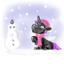 Size: 1024x1024 | Tagged: safe, artist:kawa, derpibooru import, oc, oc only, oc:sixteen 7-52-1, changeling, snow, snowfall, snowman, solo, wil