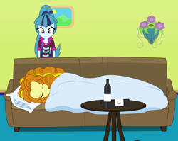 Size: 3638x2900 | Tagged: safe, artist:mit-boy, adagio dazzle, sonata dusk, equestria girls, rainbow rocks, blanket, bottle, cute, fanfic art, medicine, pillow, sick, sofa, table