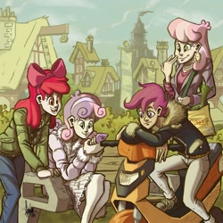 Size: 1000x1000 | Tagged: safe, artist:theartrix, derpibooru import, apple bloom, cheerilee, scootaloo, sweetie belle, human, cutie mark crusaders, humanized, phone, scooter